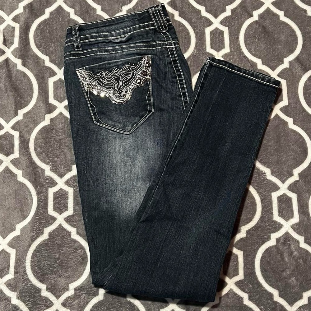 APOLLO denim skinny jeans, size 7/8. Stretchy! Embellished & embroidered pockets